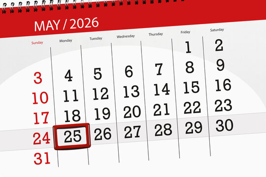 Calendar 2026, deadline, day, month, page, organizer, date, May, monday, number 25