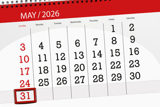 Calendar 2026, deadline, day, month, page, organizer, date, May, sunday, number 31