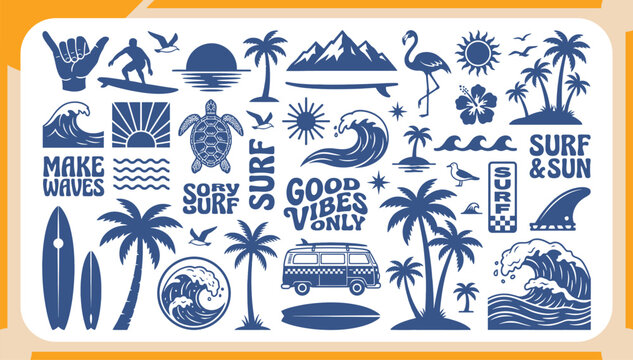 Large Collection of Blue Vintage Surfing and Summer Icons Featuring Palm Trees, Ocean Waves, Surfboards, Sea Turtle and Tropical Beach Elements Vector Illustration Set