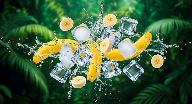 Buah pisang segar dan es batu berjatuhan dengan percikan air di depan latar belakang daun tropis