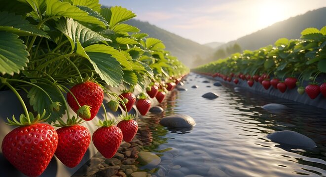 Perkebunan stroberi dengan barisan tanaman yang berbuah lebat di tepi sungai berbatu saat pagi hari