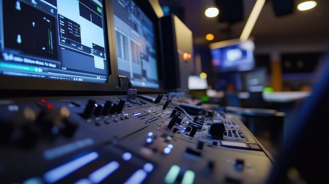 Professional production studio control room with modern mixing console, glowing buttons and faders, multiple blurred screens showing broadcast and technical interfaces, low light ambiance