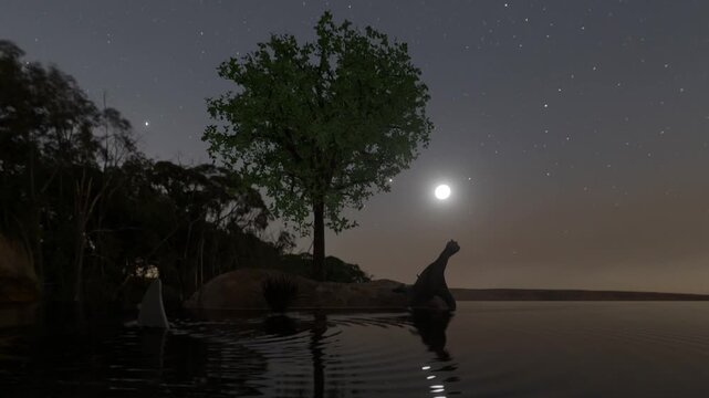 Realistic 3D model animation of a small plesiosaur sheltering on an estuary islet from a shark.