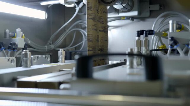 Close-up interior view of a pharmaceutical packaging machine in operation. Mechanical components move in precise synchronization as products are processed and packaged inside an automated system. Conc