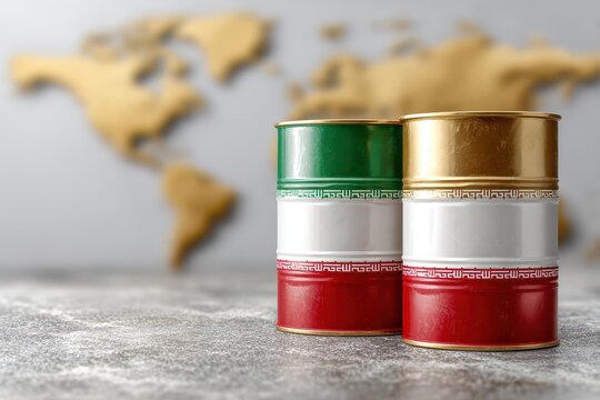 Two oil barrels with the flag of Iran in front of a blurred world map, symbolizing global energy.