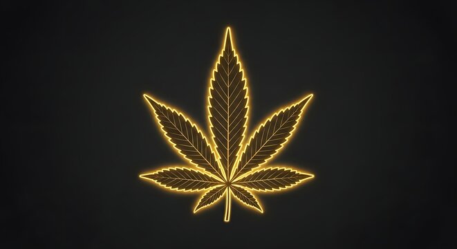 A glowing golden neon cannabis leaf icon centered against a solid dark charcoal gray background