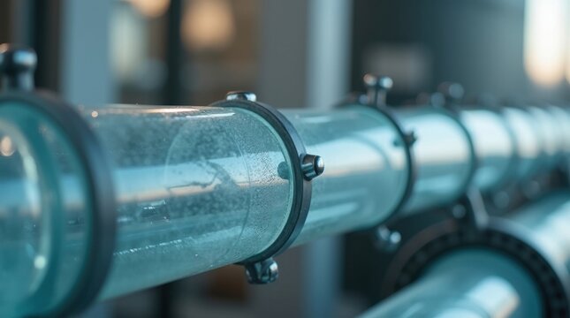 Tuber&iacute;a de vidrio transparente con l&iacute;quido fluyendo suavemente a trav&eacute;s de ella, fondo industrial minimalista, reflejos suaves, concepto de eficiencia