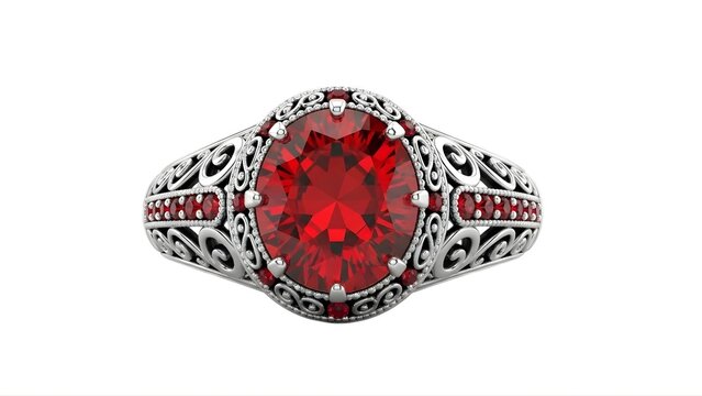 A luxurious silver ring with a large red gemstone on transparent background
