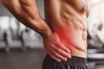 Obraz premium Man experiencing severe lower back pain in a gym, highlighting the area of discomfort with red.