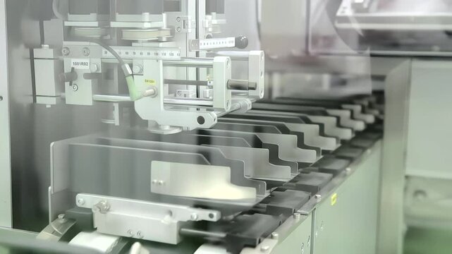 Close-up footage of a pharmaceutical machine counting blister packs before automated bottling. Precision mechanisms ensure accurate dosage and packaging in a sterile production environment.
