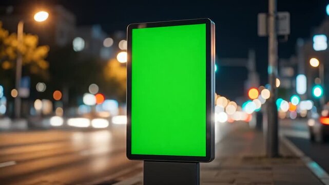 Green screen social media vertical frame billboard poster standing busy city street night creating modern calm urban atmosphere