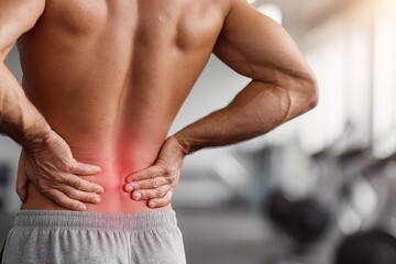 Obraz premium Man experiencing lower back pain with red highlighted area, holding his aching back in a gym.