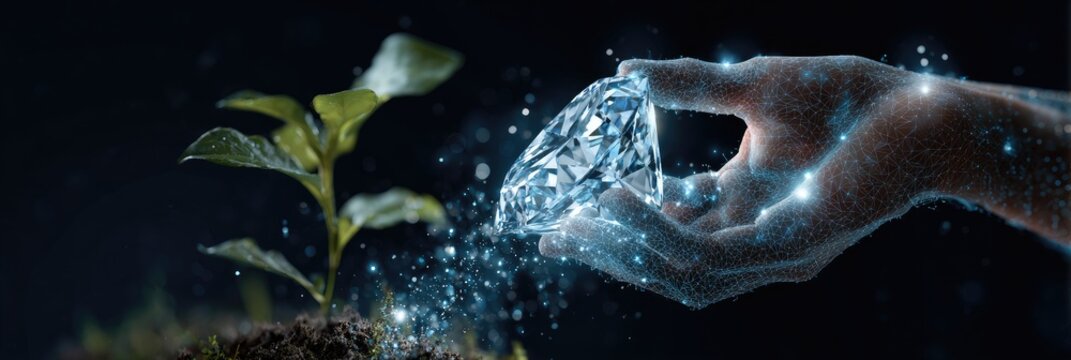A glowing hand holds a diamond, showering a small plant. The scene is set against a dark background