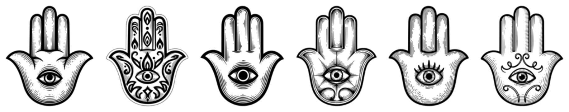 Hamsa hand protection symbols with evil eye set in vintage woodcut engraving style