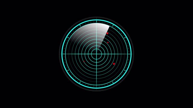 Blue radar screen animation with digital sweep effect, alpha channel, seamless loop, 4k resolution.