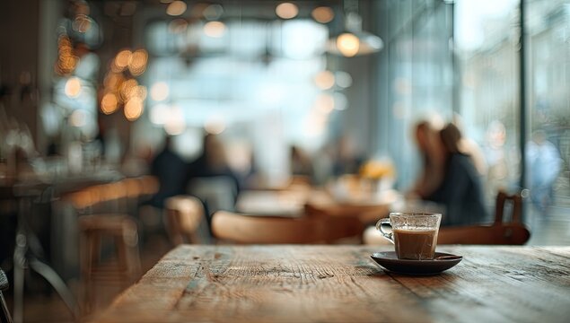 Coffee cup on a rustic wooden table in a softly blurred, warm-toned cafe interior