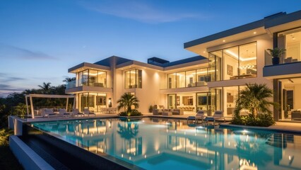 Obraz premium A luxurious modern house with a large pool at dusk