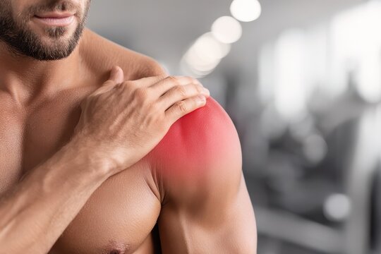 Close-up of a man holding his shoulder with a red area indicating pain or injury in a gym setting.