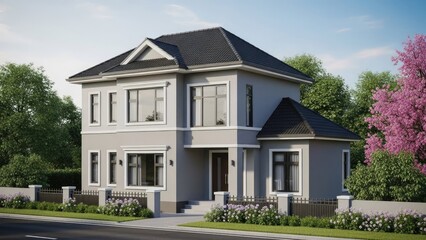 Naklejka premium A large modern house with a gray exterior and black roof