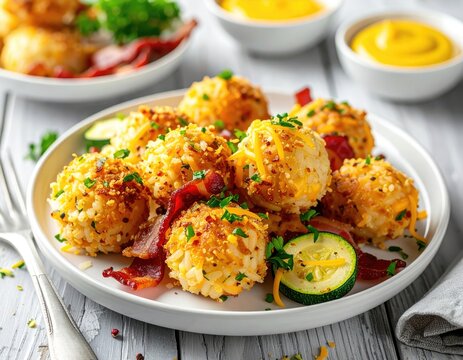 Golden fried, round food served on a plate with extras