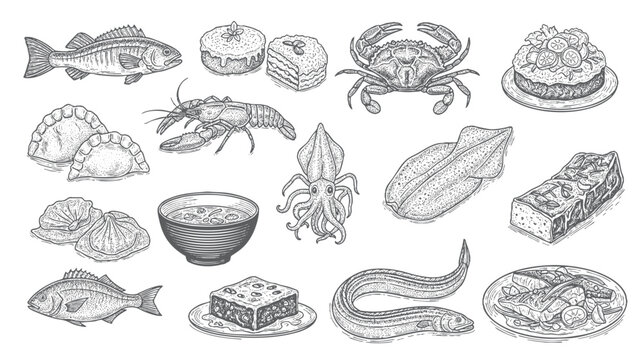 Seafood vector illustrations. Hand drawn line sea fishes, oysters, lobster, squid, octopus, crabs, Healthy food natural set