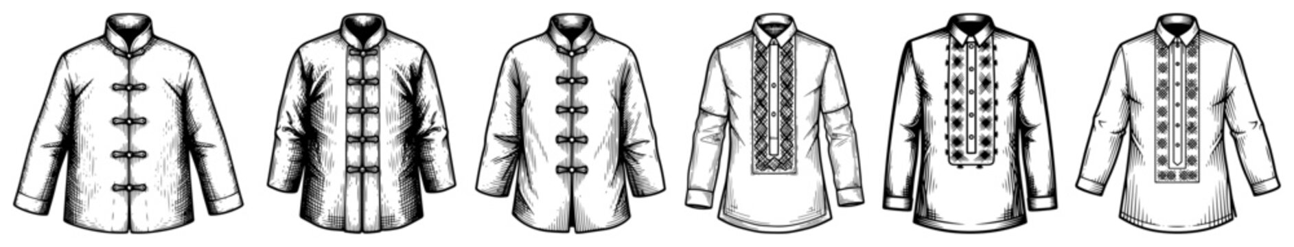 Collection of traditional Asian male shirts and jackets with ornate embroidery in vintage engraving style