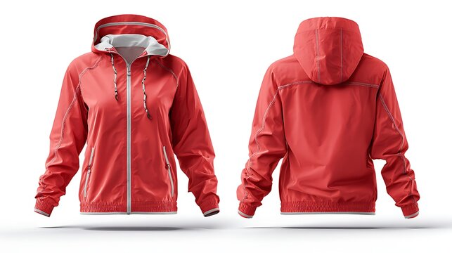 Red windbreaker jacket with hoodie isolated on white background