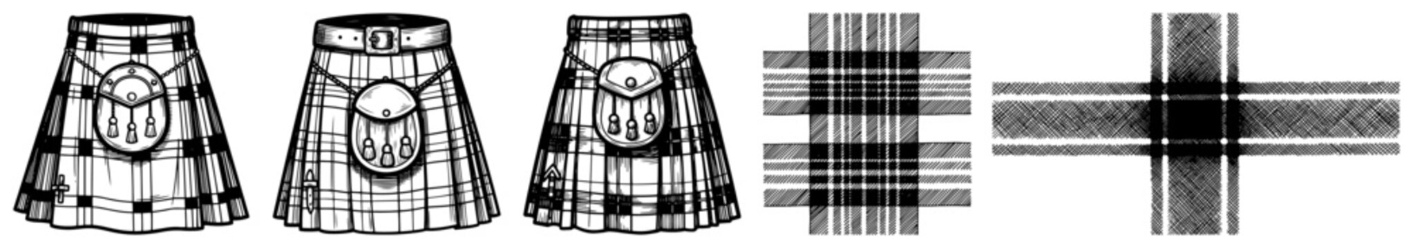 Collection of traditional scottish kilts with sporrans and tartan patterns in vintage woodcut style