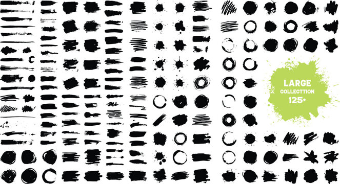 Massive Collection Black Ink Brush Strokes, Splatters, Scribbles, Circles, and Abstract Shapes for Creative Design Projects and Artistic Use