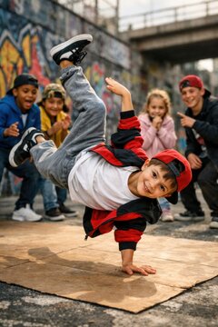 Kid breakdancing outdoors with friends