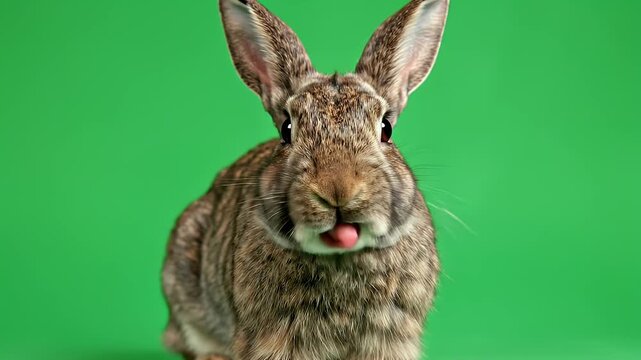 A close-up portrait of a brown rabbit with long ears set against a vibrant green screen background, showcasing its detailed fur and gentle expression.