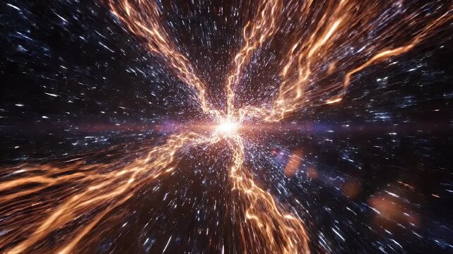 A vibrant explosion of energy radiates outwards, resembling a cosmic event or powerful electrical discharge.
