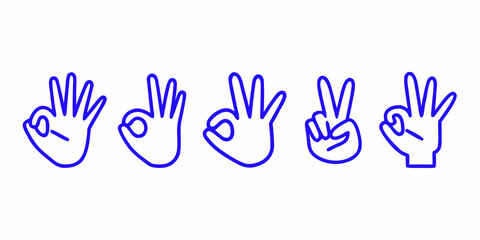 Fototapeta premium Five blue line drawing hands displaying different hand gestures