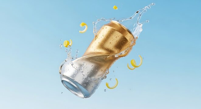 Champagne bottle exploding with water splash and yellow confetti against a blue background.