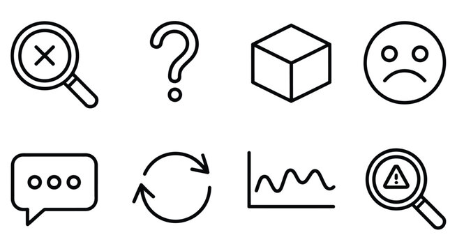 Search Error States No Results Icon, Question Mark, Empty Box, Frown Face, Suggestion Message, Try Again Icon, Error Bar, Search Warning, User Interface Graphic