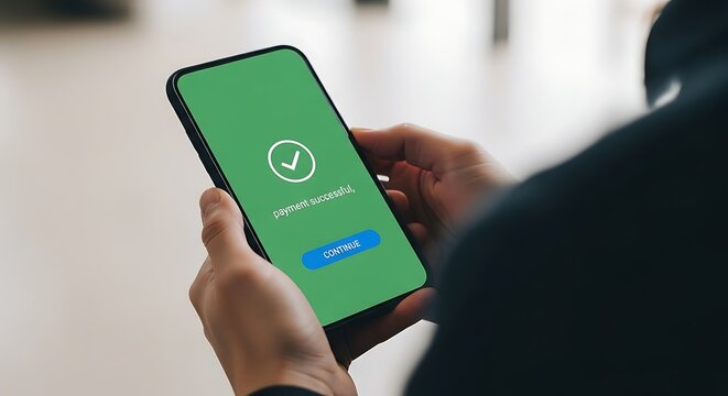 Person holding smartphone with green payment successful screen