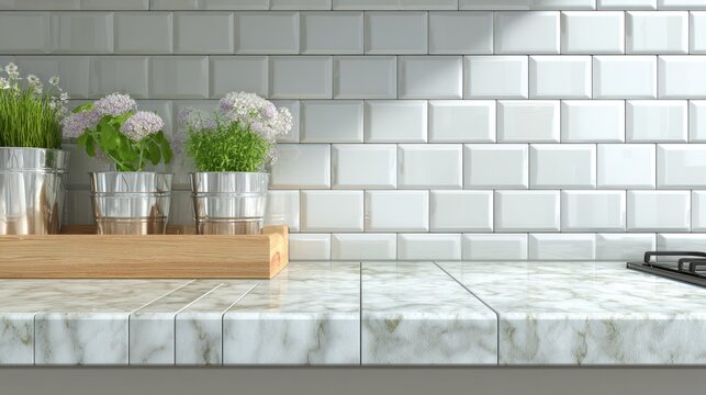Shiny white subway tile backsplash illuminates a marble countertop holding potted herbs and greenery.