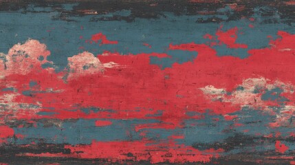Fototapeta premium Distressed texture background displays vibrant red overlays against a muted blue sky with white cloud shapes