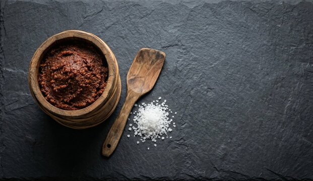 Top view flat lay of traditional Japanese Miso fermented soybean paste in a wooden barrel on a dark slate board