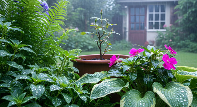 Vibrant pink geranium blossoms bloom in decorative pots and garden vases, creating a beautiful spring flora display for a sunny home patio or interior house decoration