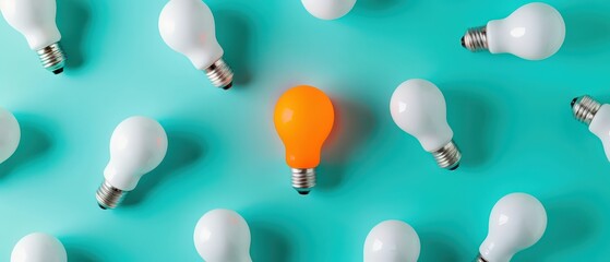 Creative idea concept showing one glowing light bulb standing out among others, symbolizing innovation, uniqueness, inspiration and fresh thinking for business and creativity.