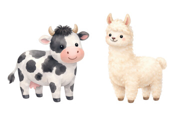 Fototapeta premium Cute cartoon cow and llama standing together with livestock, agriculture isolated on transparent background
