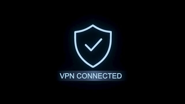 VPN connection status is shown on a dark screen with a shield and checkmark symbol indicating security.