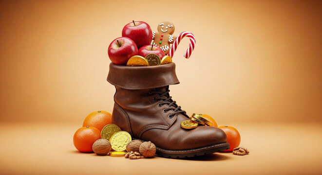 Brown leather boot filled with apples candy and coins on orange background Christmas concept