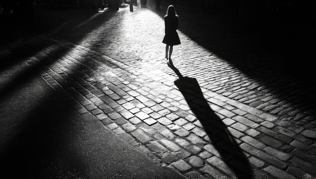 Black and white photograph of a figure walking on a cobblestone path, light and shadow