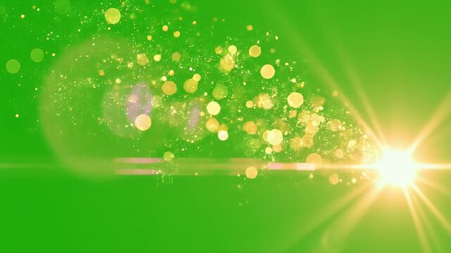 A vibrant green background features a bright, stylized sun with radiating light flares and lens effects, creating a dynamic and energetic visual.