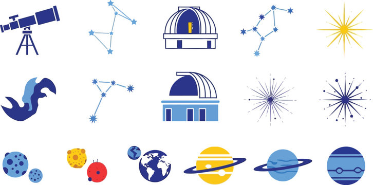 Astronomical instruments and celestial objects such as telescopes, observatories, constellations, and planets are illustrated in blue and white.