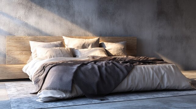 Minimalist bedroom setting features a low wooden bed frame against a textured concrete wall bathed in natural light