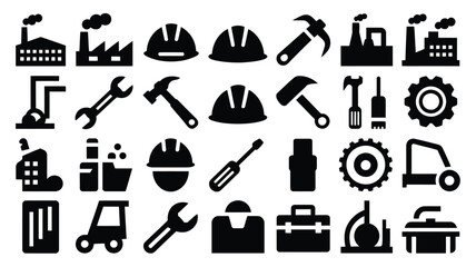 Fototapeta premium Black vector illustration bundle featuring various industrial tools and construction equipment icons on white background
