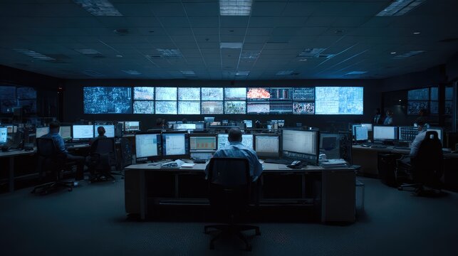 Professionals working in a global security operations center, overseeing a multitude of data and surveillance feeds on large monitors and individual computer screens